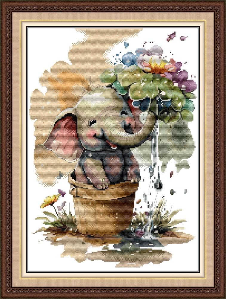 Maydiyer Counted Cross Stitch Kits for Adults,14CT Unprinted Pattern Embroidery Kits for Beginners,Easy Cross-Stitch Set DMC Threads Needlework- Mischievous Elephant 13.8''×18.5'' - Image 1